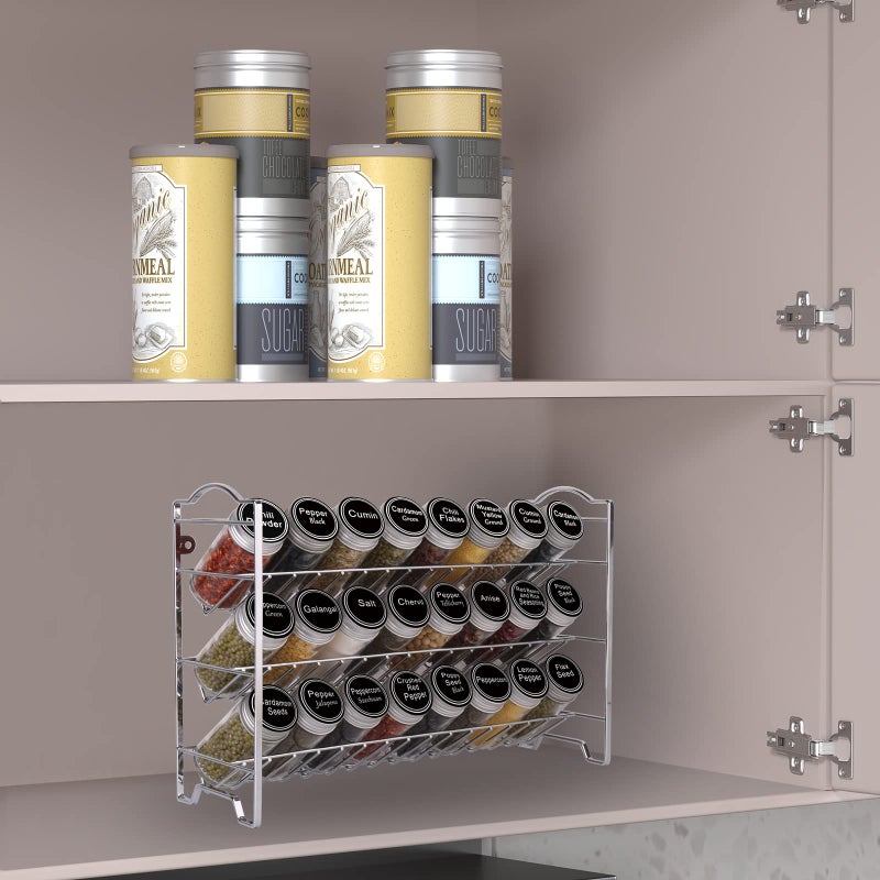 SWOMMOLY Spice Rack Organizer with 24 Empty Round Spice Jars, 396 Spice Labels with Chalk Marker and Funnel Complete Set, SWOMMOLY Spice Rack for Cabinet, Countertop or Wall Mount, Silver - Image 2